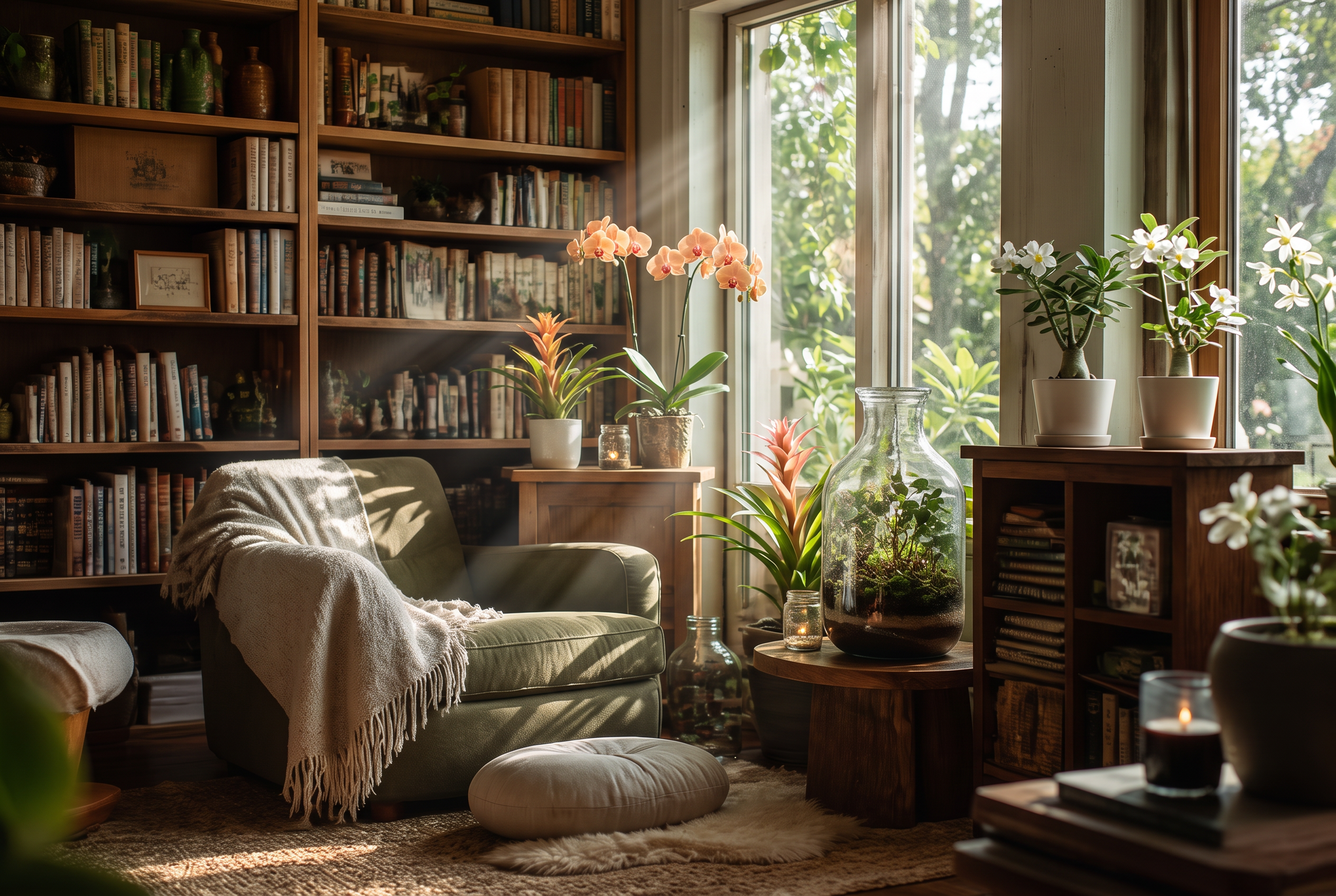 A warm, lived-in sanctuary of bookshelves, plants, and a glass terrarium in soft daylight